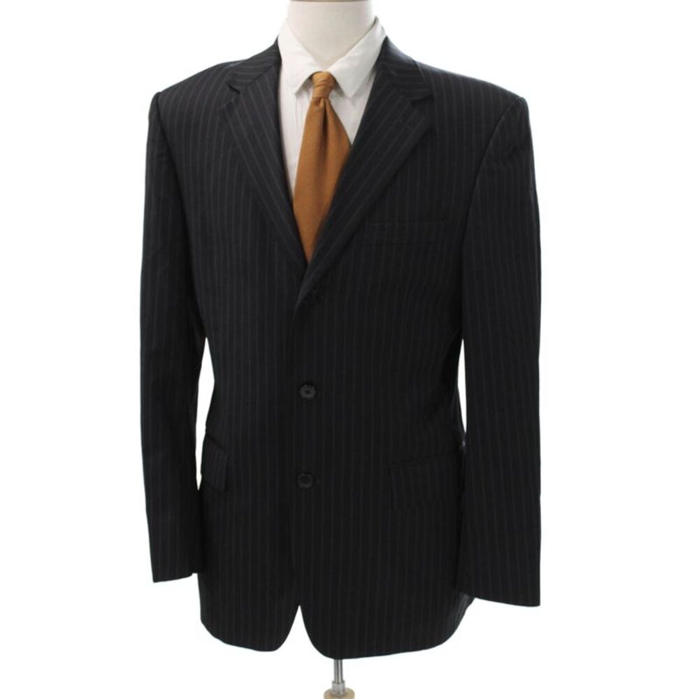 Andrew Fezza Mens Black Wool Striped Suit Jacket Button Size 40